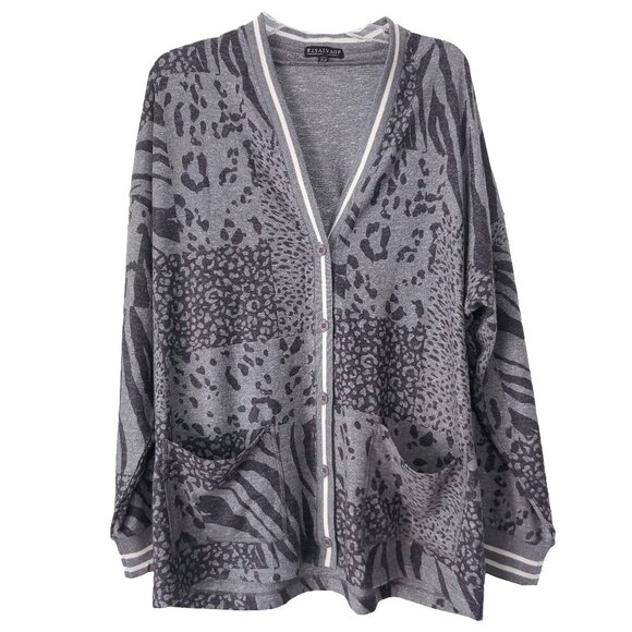 PJ Salvage Cardigan Leopard Grey Collegiate Collar Stripe Oversize Long Sleeve - Picture 1 of 7